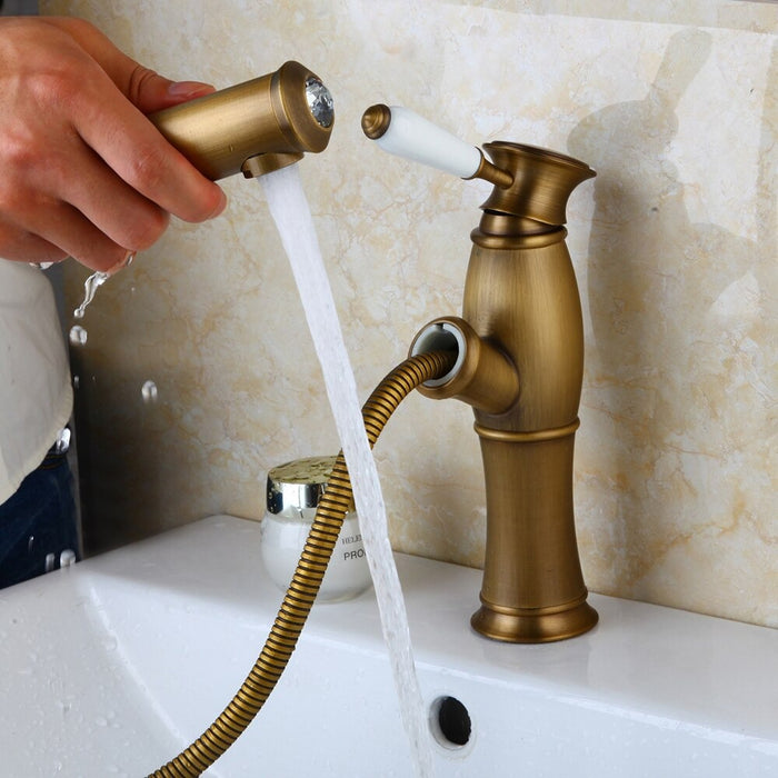 Luxury Antique Brass Ceramic Handle Pull Out Mixer Basin Faucet