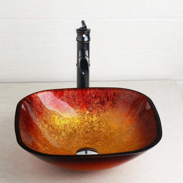 Golden Tempered Glass Square Washbasin Faucet Set