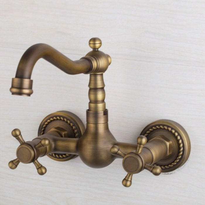 Wall Mounted Swivel Antique Brass Dual Handles Faucet