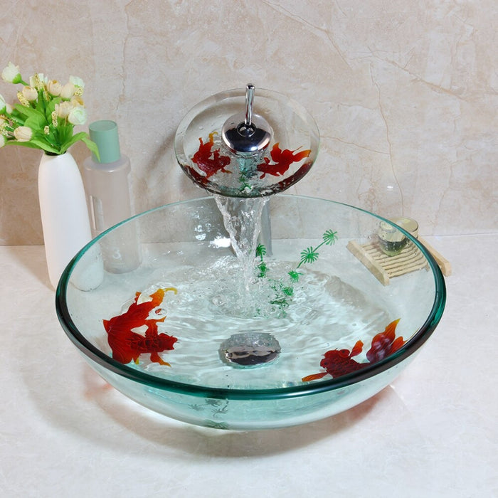 Tempered Glass Gold Fish Art Design Faucet Sink