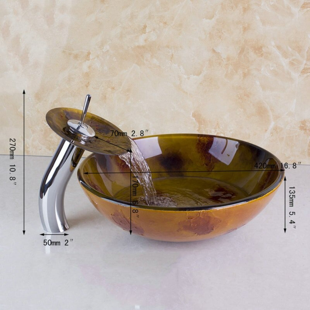 Tempered Glass Sink Countertop Waterfall Mixer Tap Set