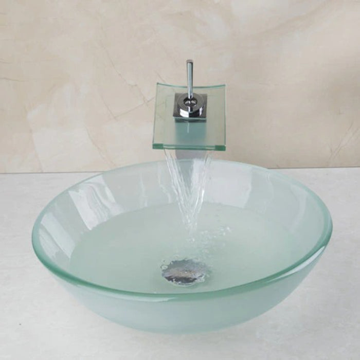 Waterfall Tempered Glass Tall Tap Washbasin Brass Set