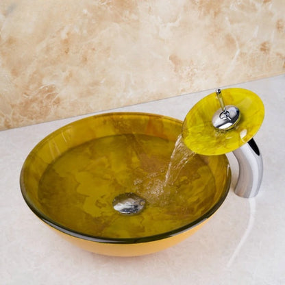 Yellow Washbasin Counter Glass Sinks Faucet Set