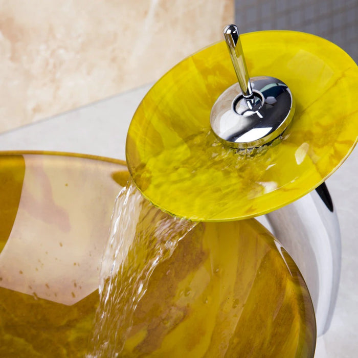 Yellow Washbasin Counter Glass Sinks Faucet Set