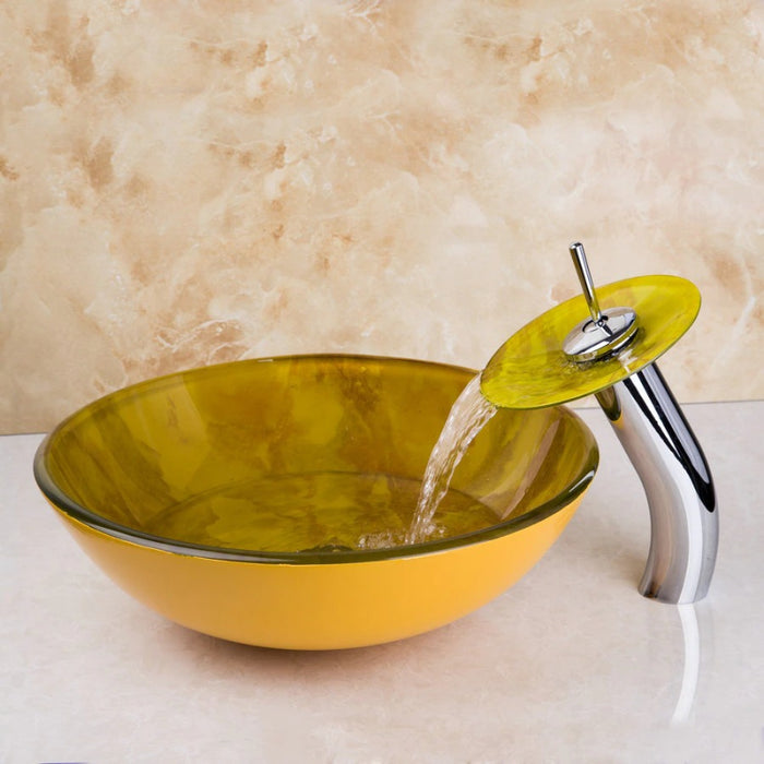 Yellow Washbasin Counter Glass Sinks Faucet Set