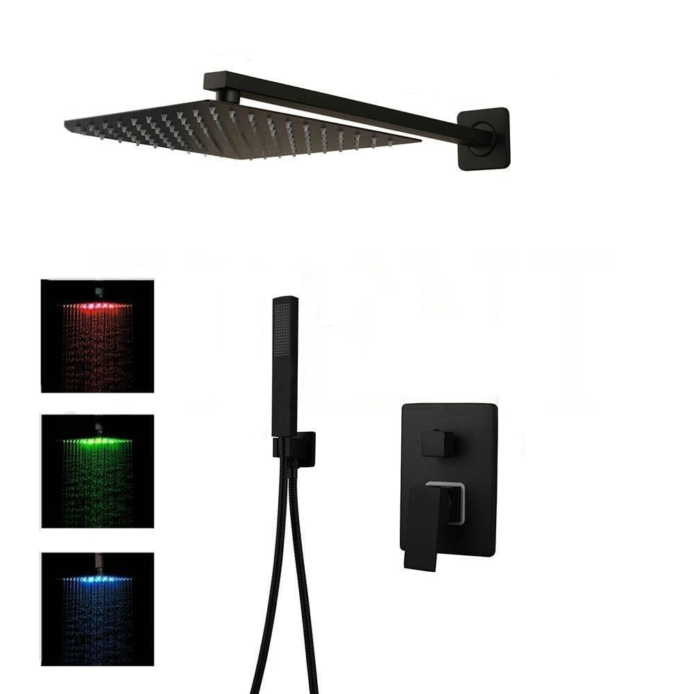 Black Bathroom LED Ceiling Mount Shower Head Faucet Set