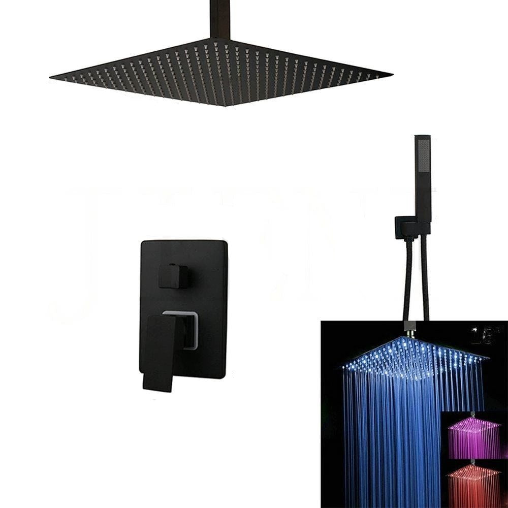 Black Bathroom LED Ceiling Mount Shower Head Faucet Set