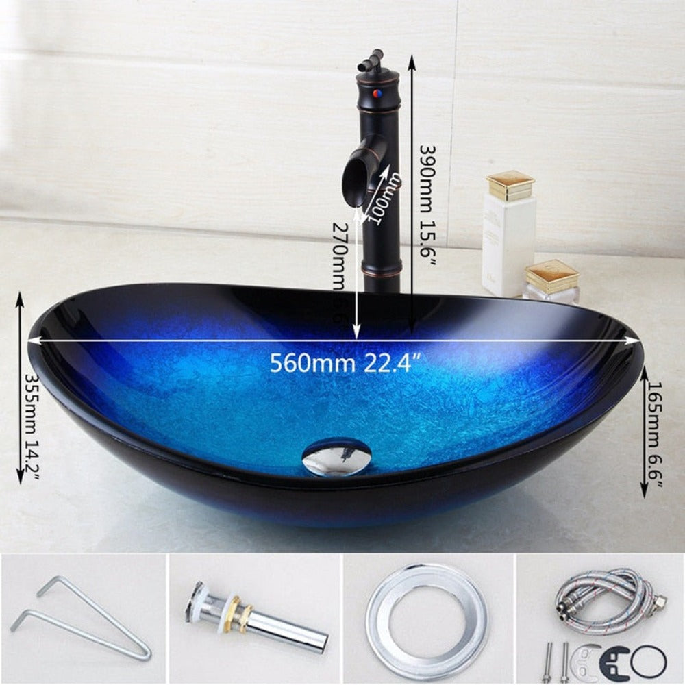 Blue Tempered Glass Basin Sink Waterfall Faucet Set