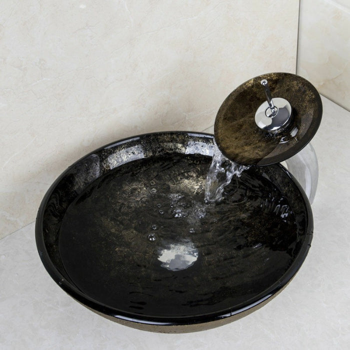 Black Round Hand Painting Glass Sink Set